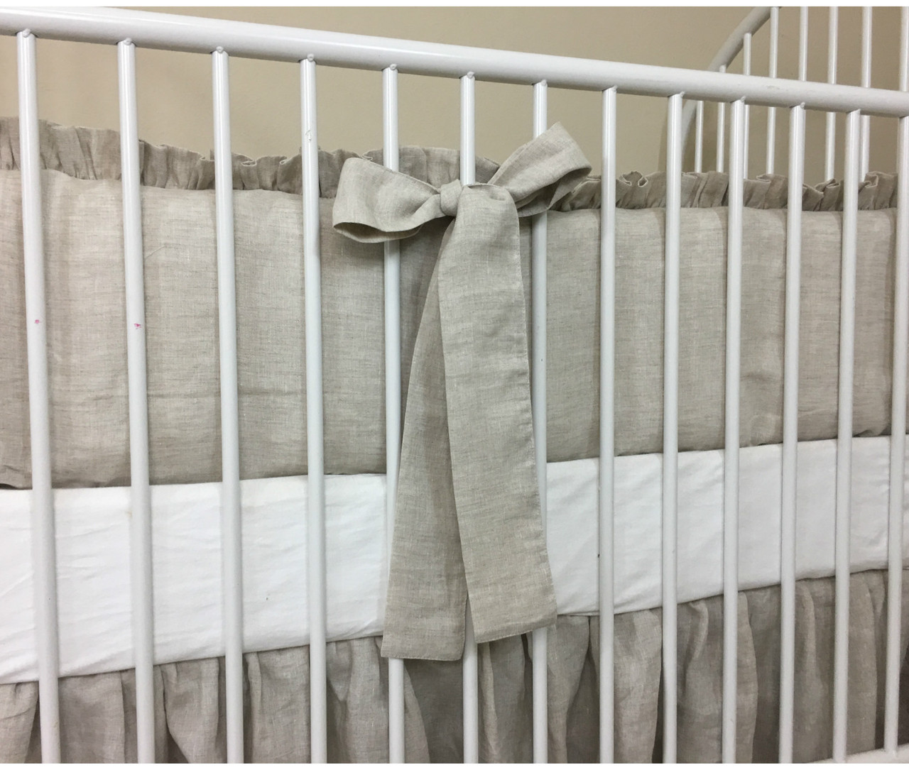 Natural Linen Crib Bedding Set Ruffled Bumper w. Sash Ties, Gathered