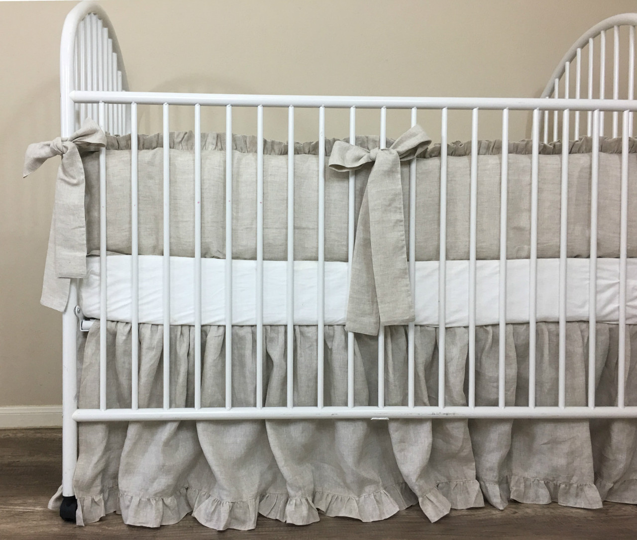 Natural Linen Crib Bedding Set Ruffled Bumper w. Sash Ties, Gathered