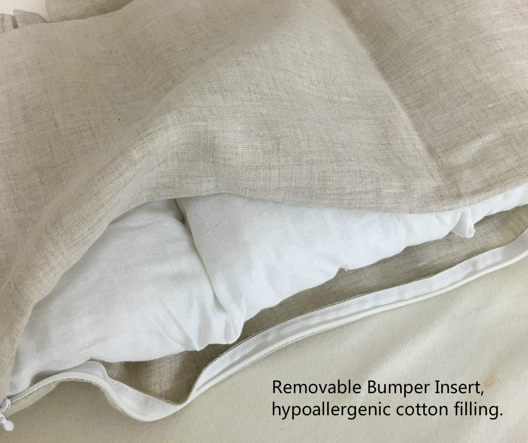 Natural Linen Crib Bedding Set Ruffled Bumper w. Sash Ties, Gathered