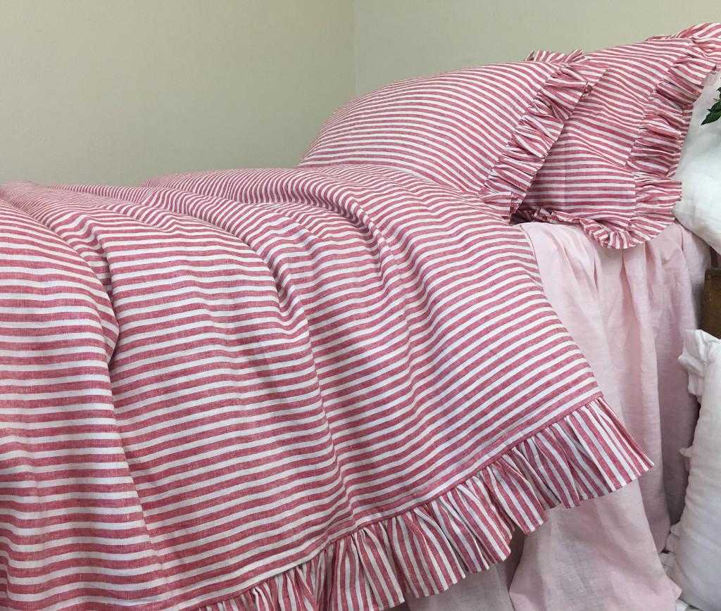 Red and white Striped Ruffle Duvet Cover
