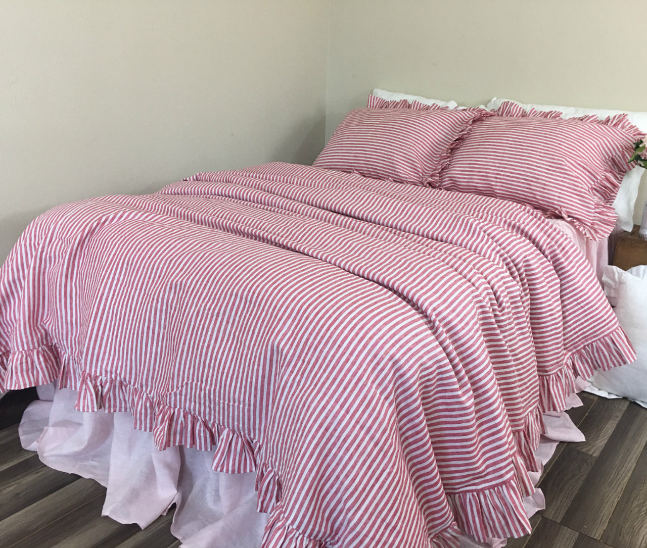 Red And White Striped Ruffle Duvet Cover
