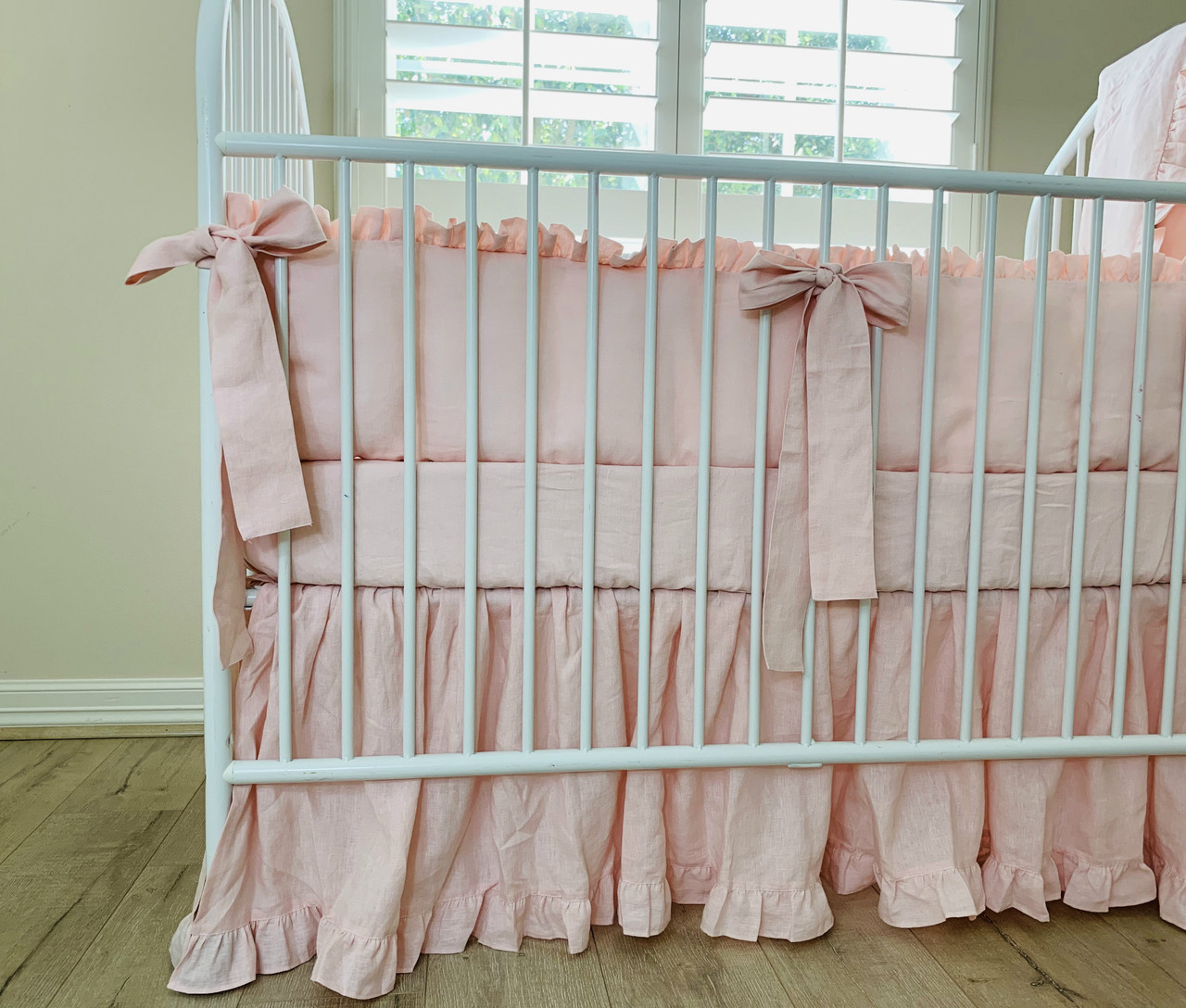 Dogwood Pink Linen Ruffled Bumper with Sash Ties, Gathered Crib Skirt
