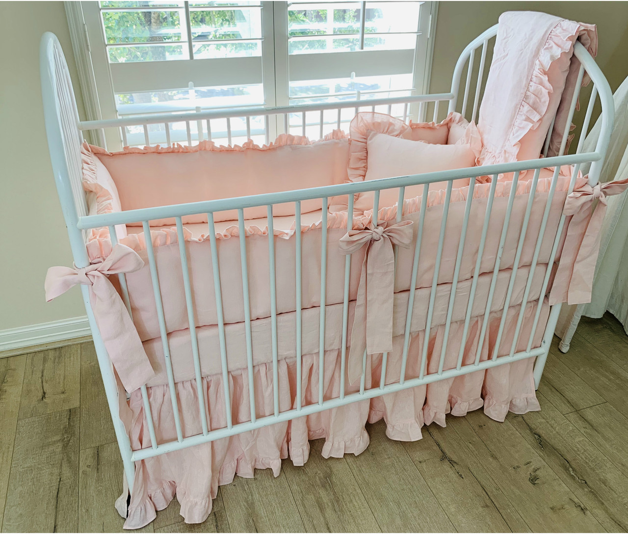 Dogwood Pink Linen Ruffled Bumper with Sash Ties, Gathered Crib Skirt