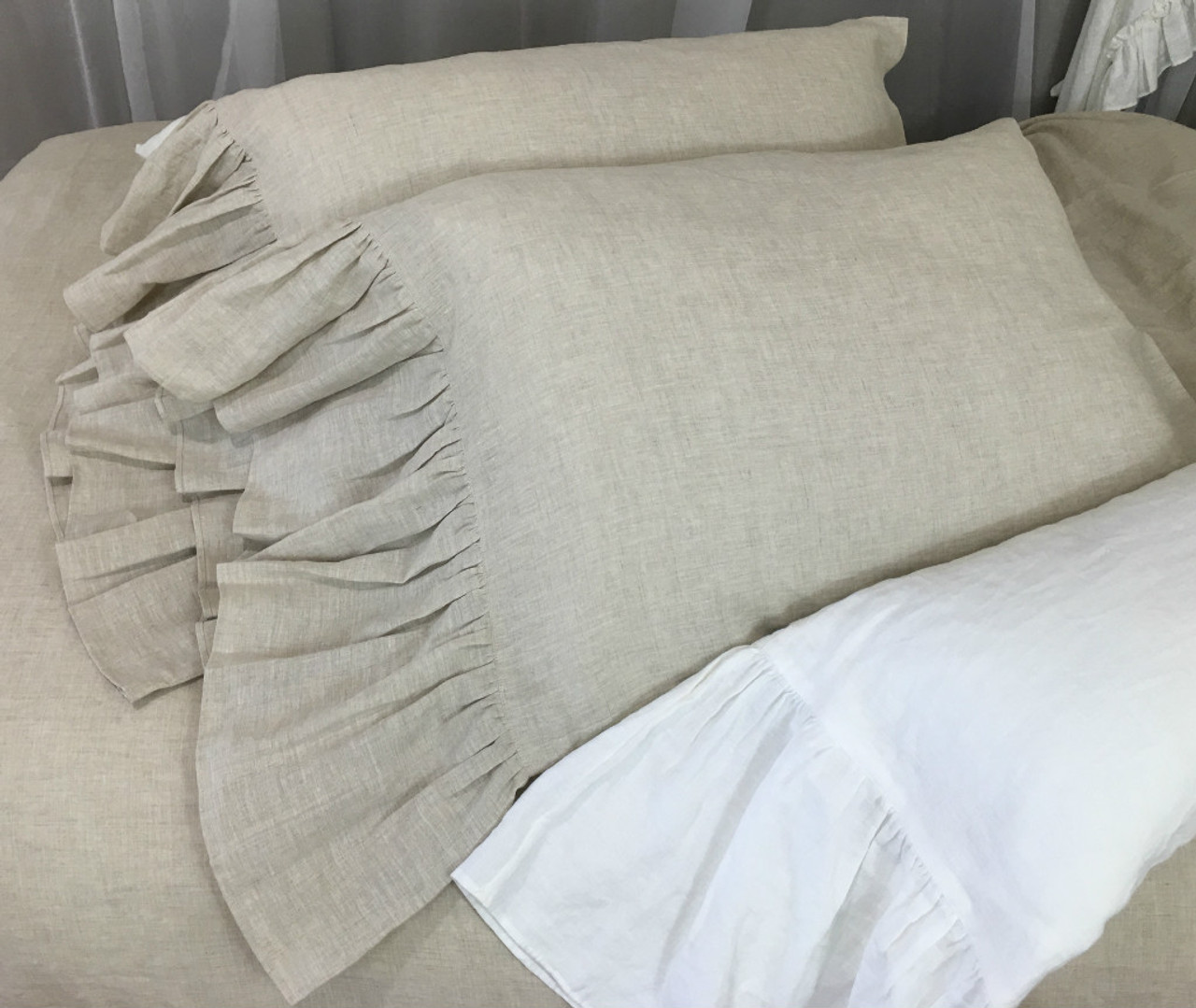 Euro Details about   Pure Linen Pillowcase with Mermaid Long Ruffles Queen Standard King 