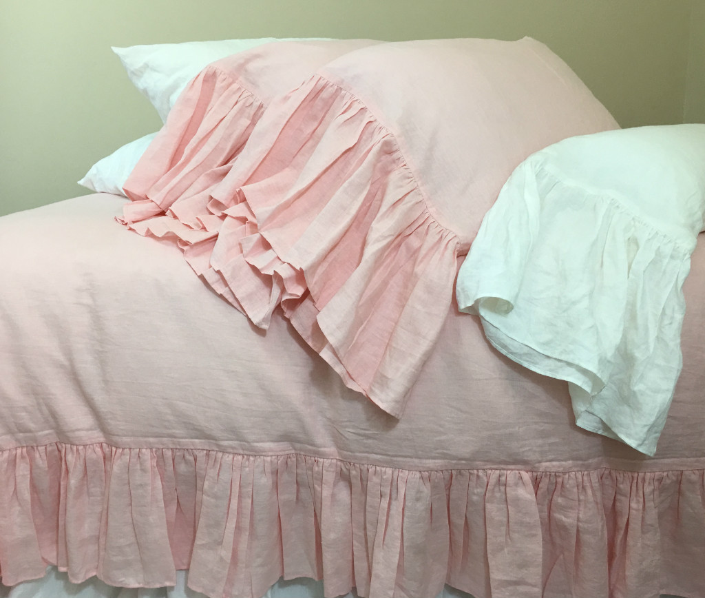 Pink Linen Pillow Cases with Mermaid Long Ruffles, Princess Dream