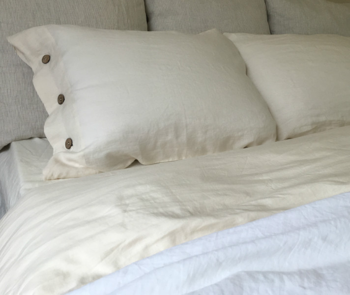 Cream Duvet Cover with Wooden Button Closure, Natural Linen, Custom