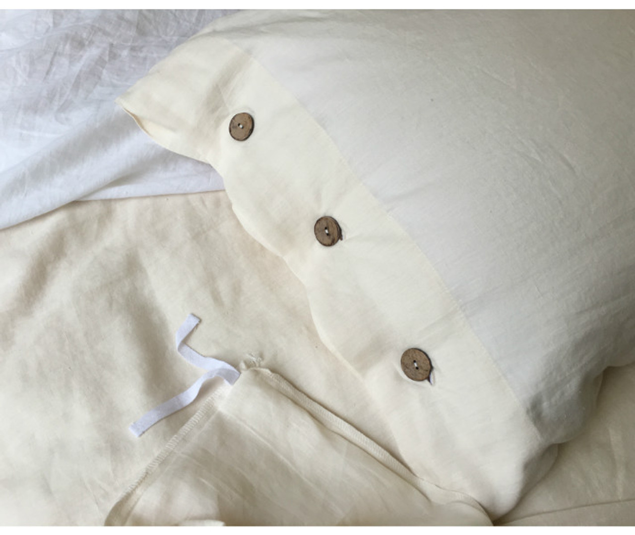 Cream Duvet Cover with Wooden Button Closure, Natural Linen, Custom