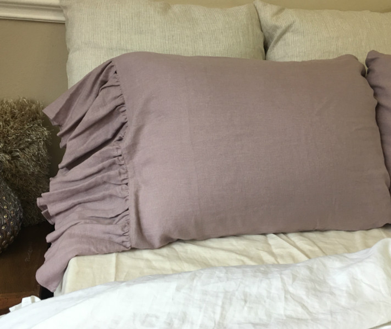 Orchid Pillow Covers With Long Ruffle Handcrafted By