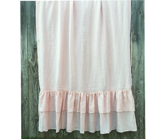 Pink Linen Curtains With Double Rows Of Mermaid Long Ruffles