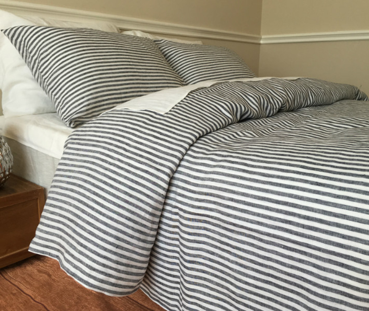 Slate Gray And White Striped Linen Duvet Cover Natural Linen