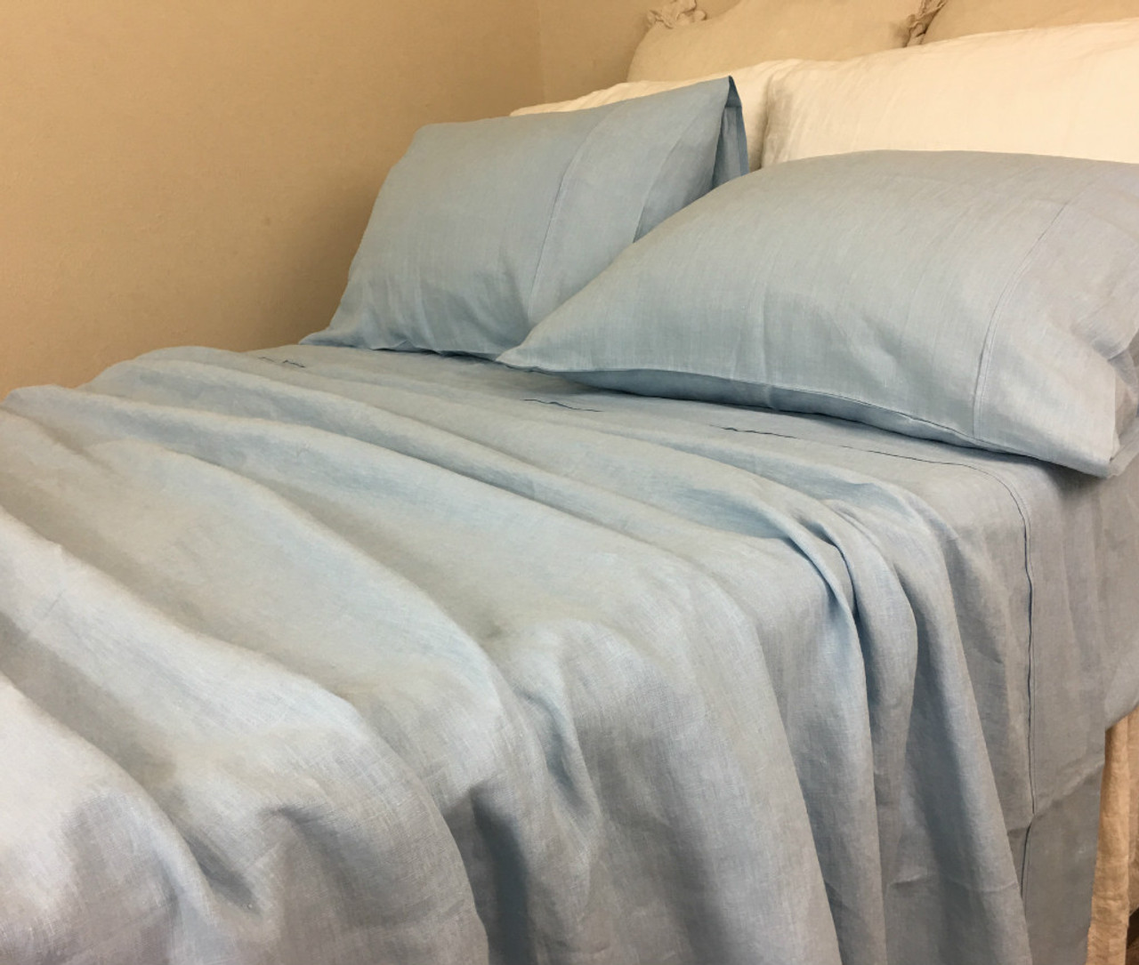 French Blue Linen Sheets Set Handcrafted by Superior Custom Linens