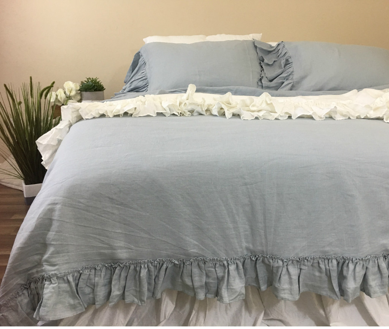 Duck Egg Blue Duvet Cover W Country Ruffle Hem Handcrafted By