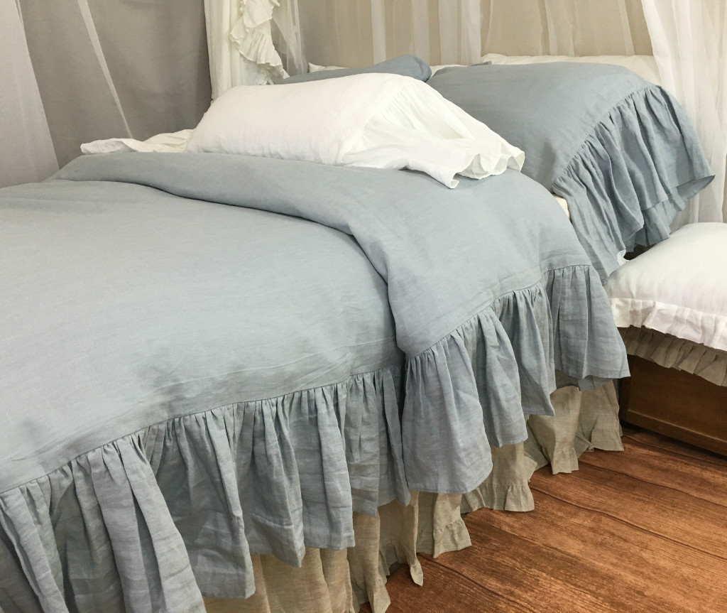 Duck Egg Blue Duvet Cover w. Mermaid Long Ruffle Handcrafted by