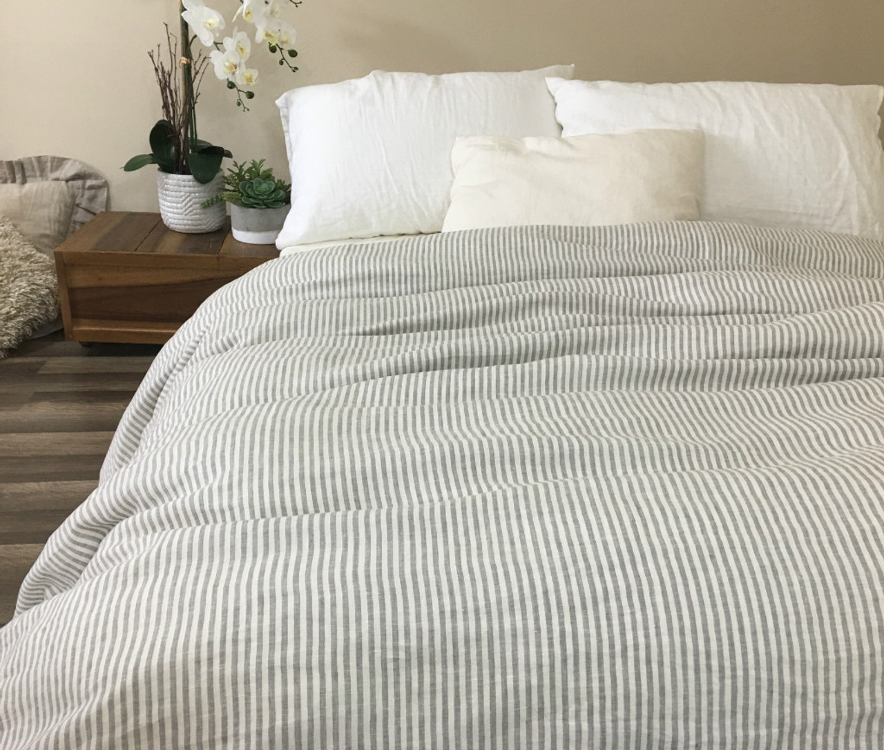 Grey And White Striped Duvet Cover Reversible Handcrafted By