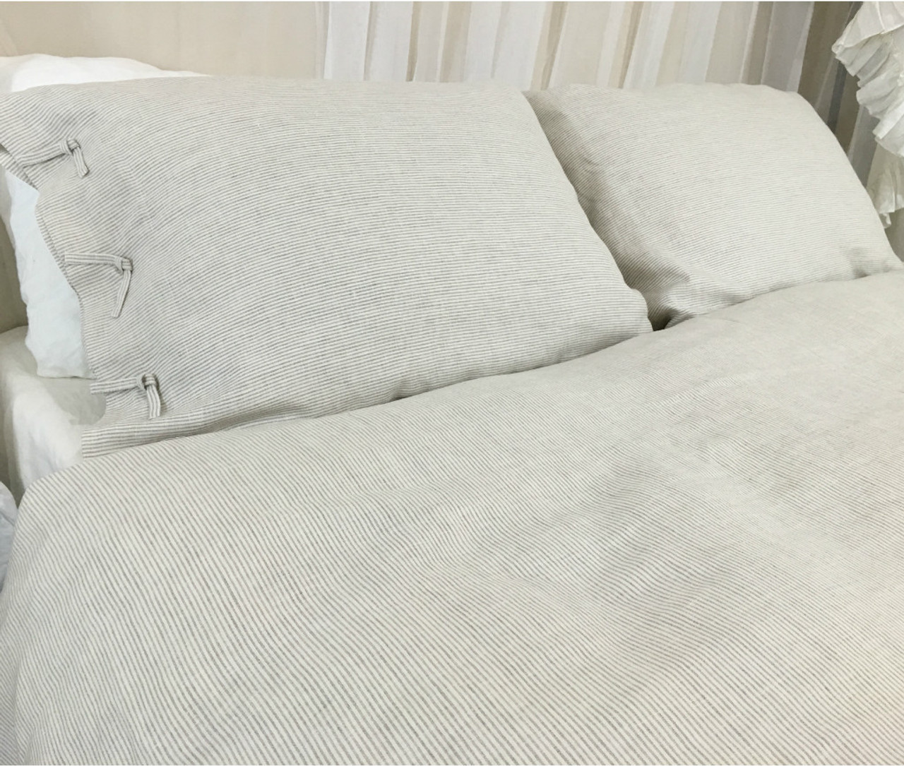 Natural Linen Ticking Striped Duvet Cover With Tie Closures
