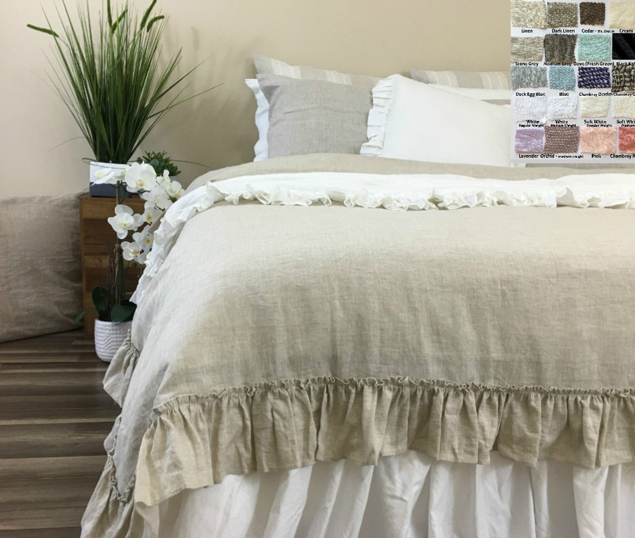 Ruffled Pinstripe Duvet Cover in Grey and White, Natural Linen