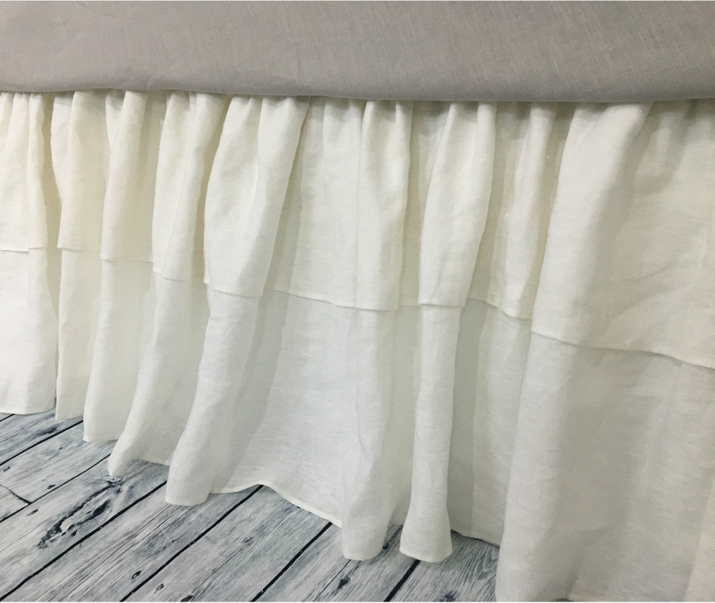 Linen bed skirt with double ruffle White, Gray, Blue, Pink, Stripe