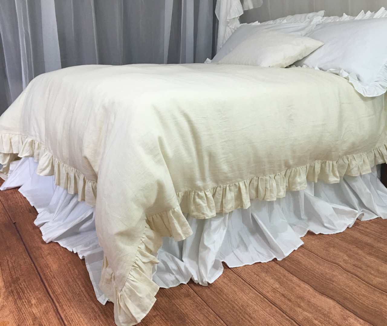 Cream Linen Ruffle Duvet cover, Ruffle Linen Bedding, Ivory, Luxury