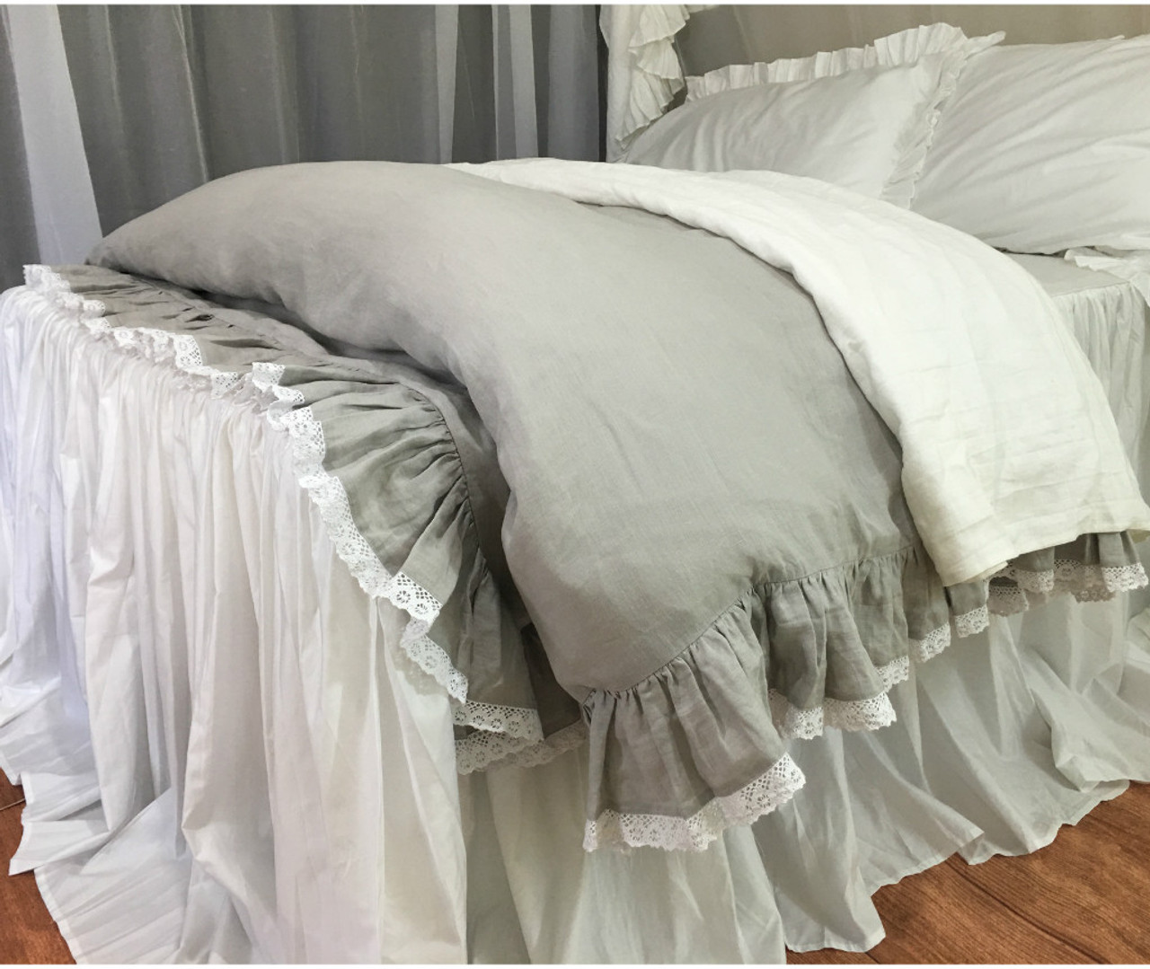 Stone grey linen ruffle duvet cover with lace hem