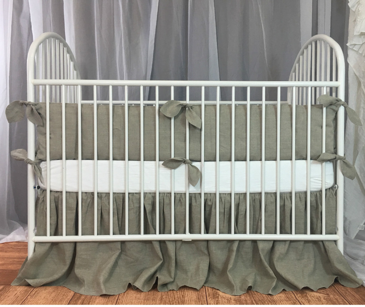Dark Linen Baby Bedding Set With Leaf Shaped Ties Farmhouse Nursery Country Crib Bedding Sets