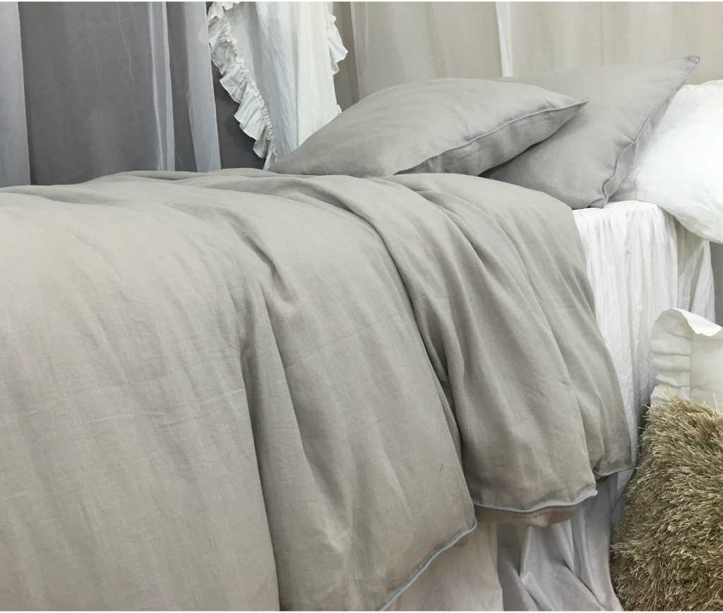 Stone Grey Duvet Cover with Duck Egg Blue Piping, Available in Twin