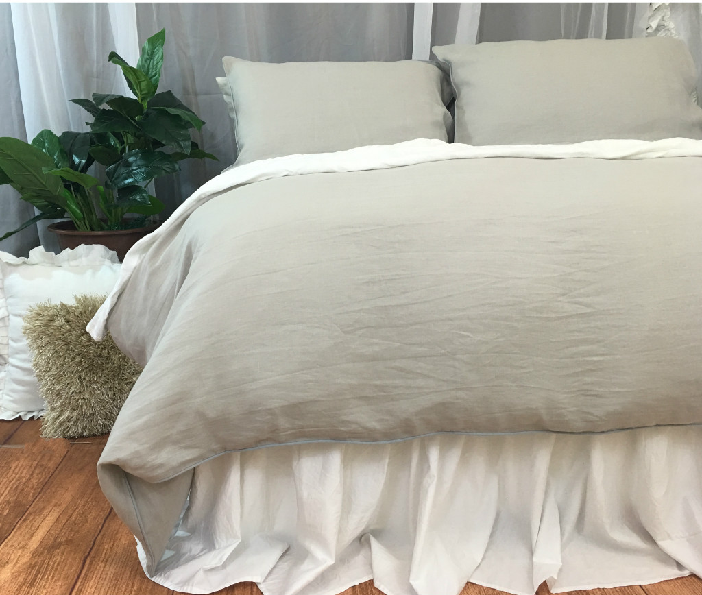 Stone Grey Duvet Cover with Duck Egg Blue Piping, Available in Twin