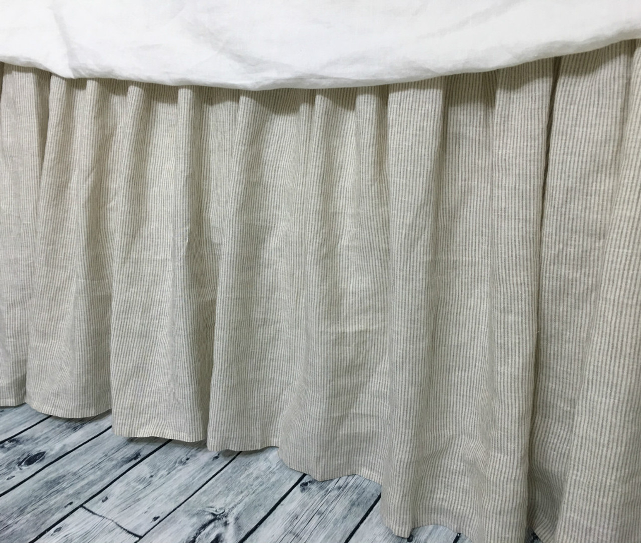 White Linen Bed Skirt with Gathered Ruffles and Cotton Decking - King