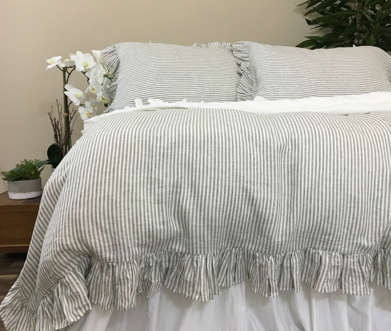 Ruffled Pinstripe Duvet Cover in Grey and White, Natural Linen