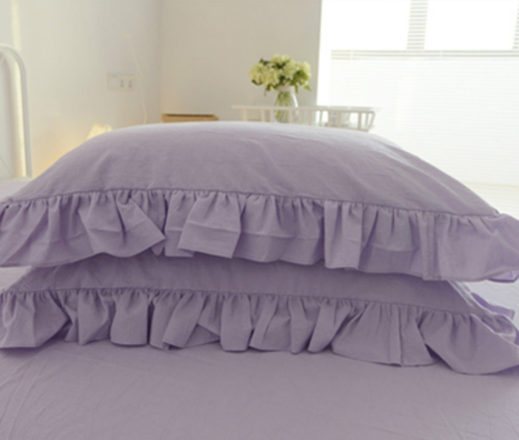 Lavender Purple Duvet Cover with 2 Rows of Ruffles, 100 washed linen