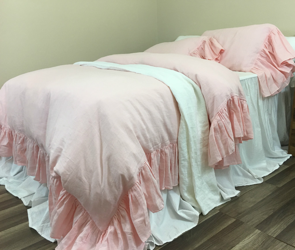Pink Linen Duvet Cover with Mermaid Long Ruffles, Princess Dream