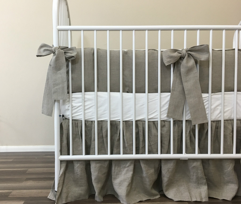 Dark Linen Baby Bedding Set with Sash Ties, Rustic Nursery Charm!