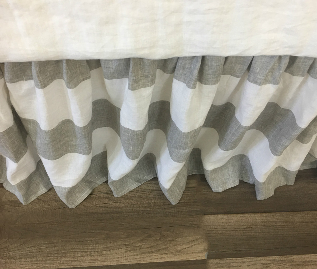 Grey and White Striped Linen Bed Skirt, Gathered Ruffle Stripe Beauty!