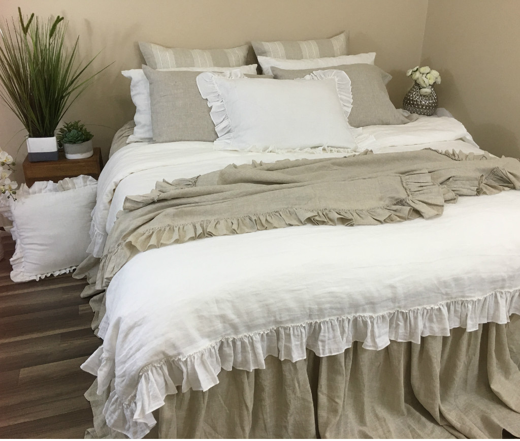 White Linen Duvet Cover with Country Ruffle Hem, Cottage Glamour