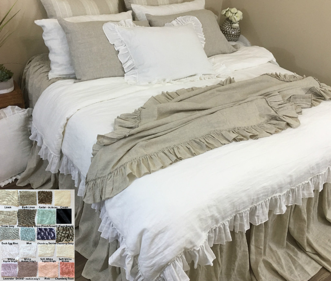 Linen Bed Throw With Country Ruffles Multiple Colors Easy Bedroom Makeover Piece