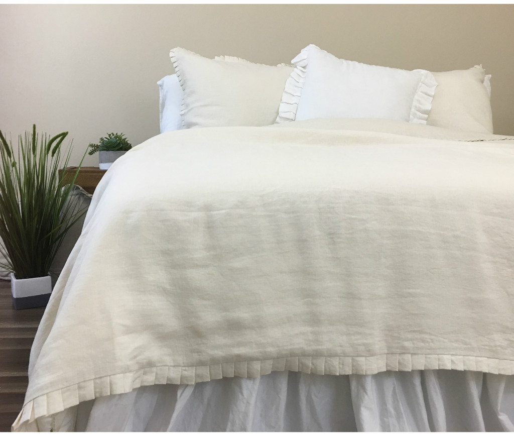 Cream Linen Duvet Cover with Petite Pleated Ruffles all the way around
