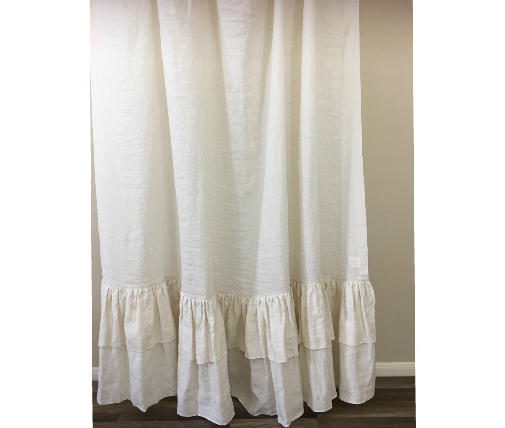 Cream Linen Shower Curtain with 2 Tiered Long Ruffles, Fabulous Chic