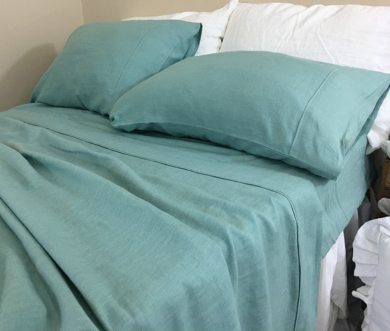 Moss Green Linen Bed Sheets Set - Medium Weight Linen