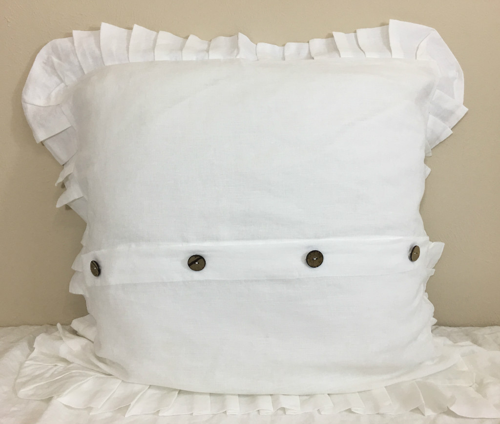 White Euro Sham Cover Pleated Ruffles, Reversible with Buttons, Natural