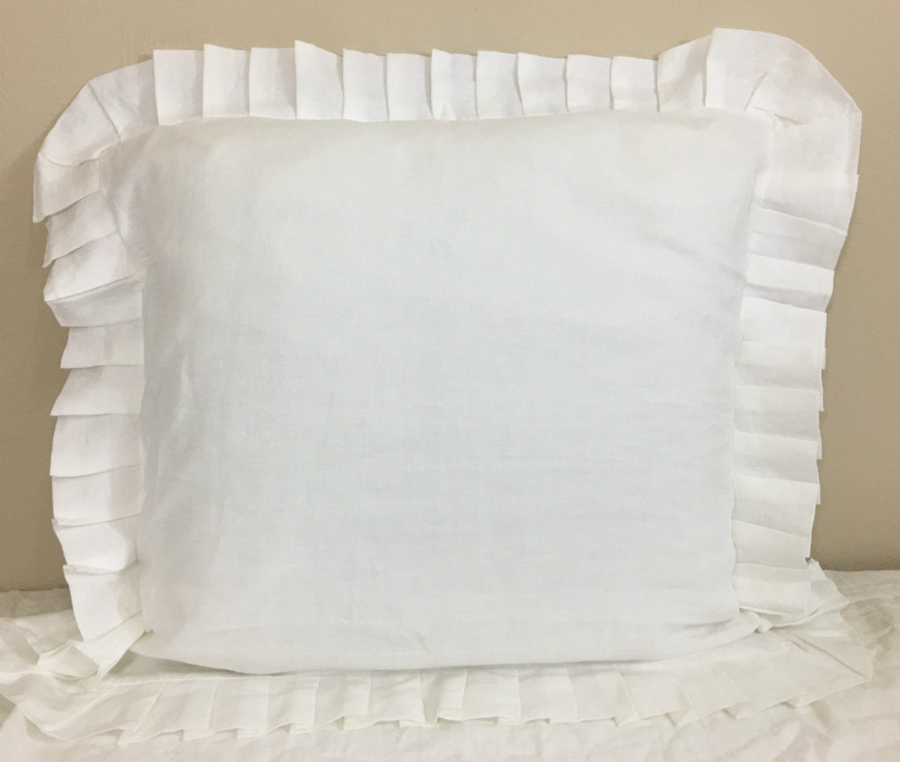 White Euro Sham Cover Pleated Ruffles, Reversible with Buttons, Natural