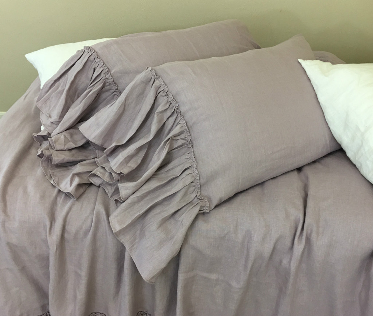 Pair Of Orchid Linen Pillow Shams With Country Mermaid Long Ruffles