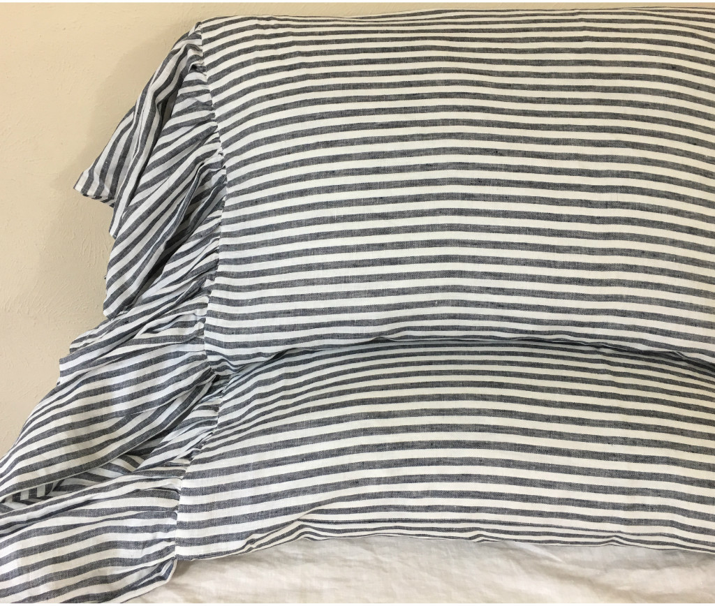 Slate Gray and White Striped Pillow Cases with Mermaid Long Ruffles