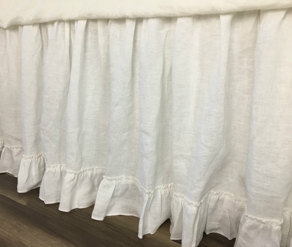 White Linen Gathered Bed Skirt with 4" Country Ruffle Hem