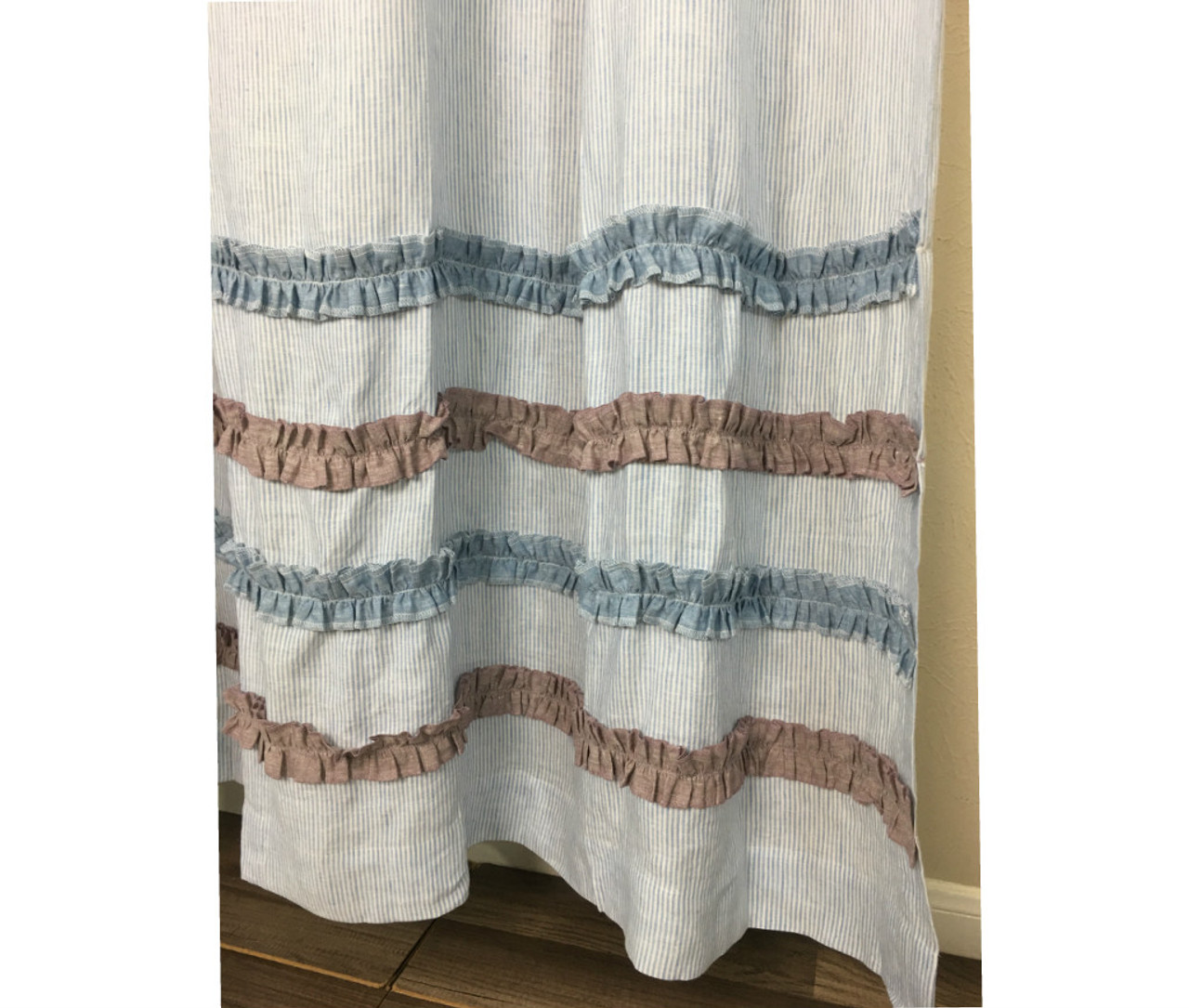 Blue And White Ticking Stripe Shower Curtain With Chambray Surf