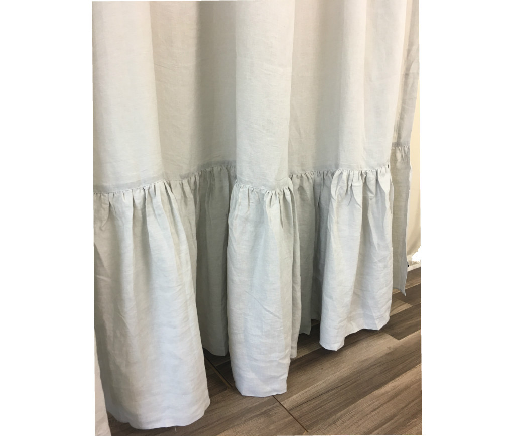 Stone Grey Linen Shower Curtain with Mermaid Long Ruffles