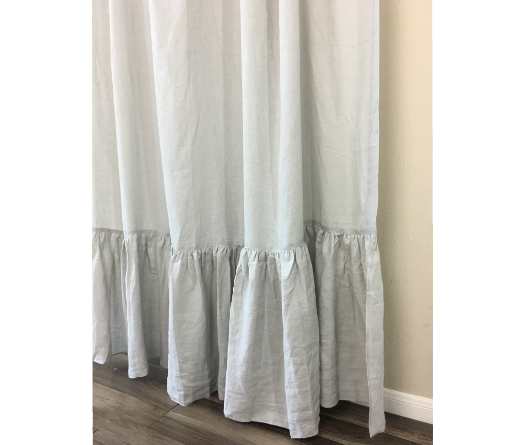 Stone Grey Linen Shower Curtain with Mermaid Long Ruffles