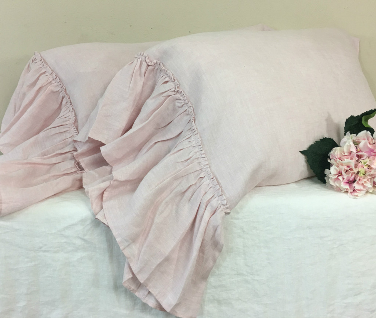 Blush Pink Linen Pillowcases With Country Mermaid Long Ruffles Details