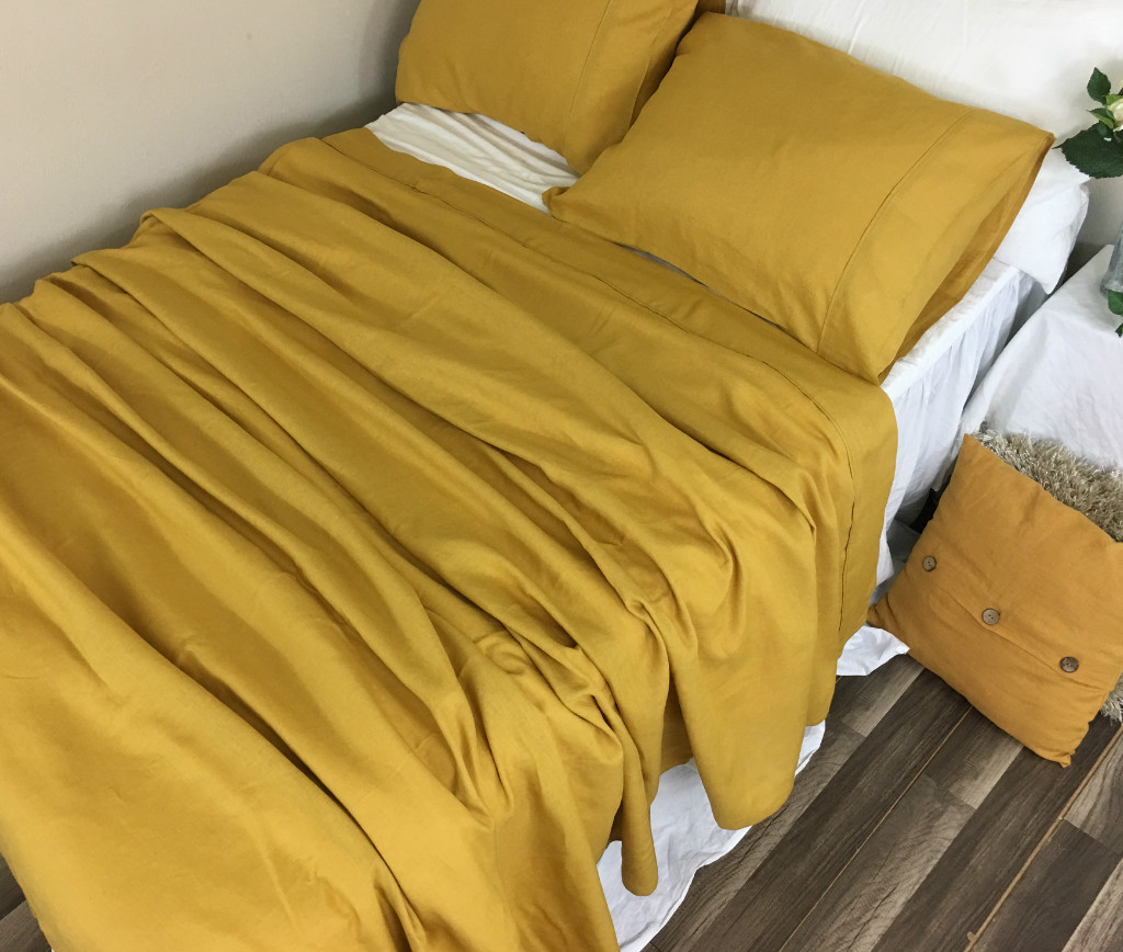Mustard Gold Linen Bed Sheets Set