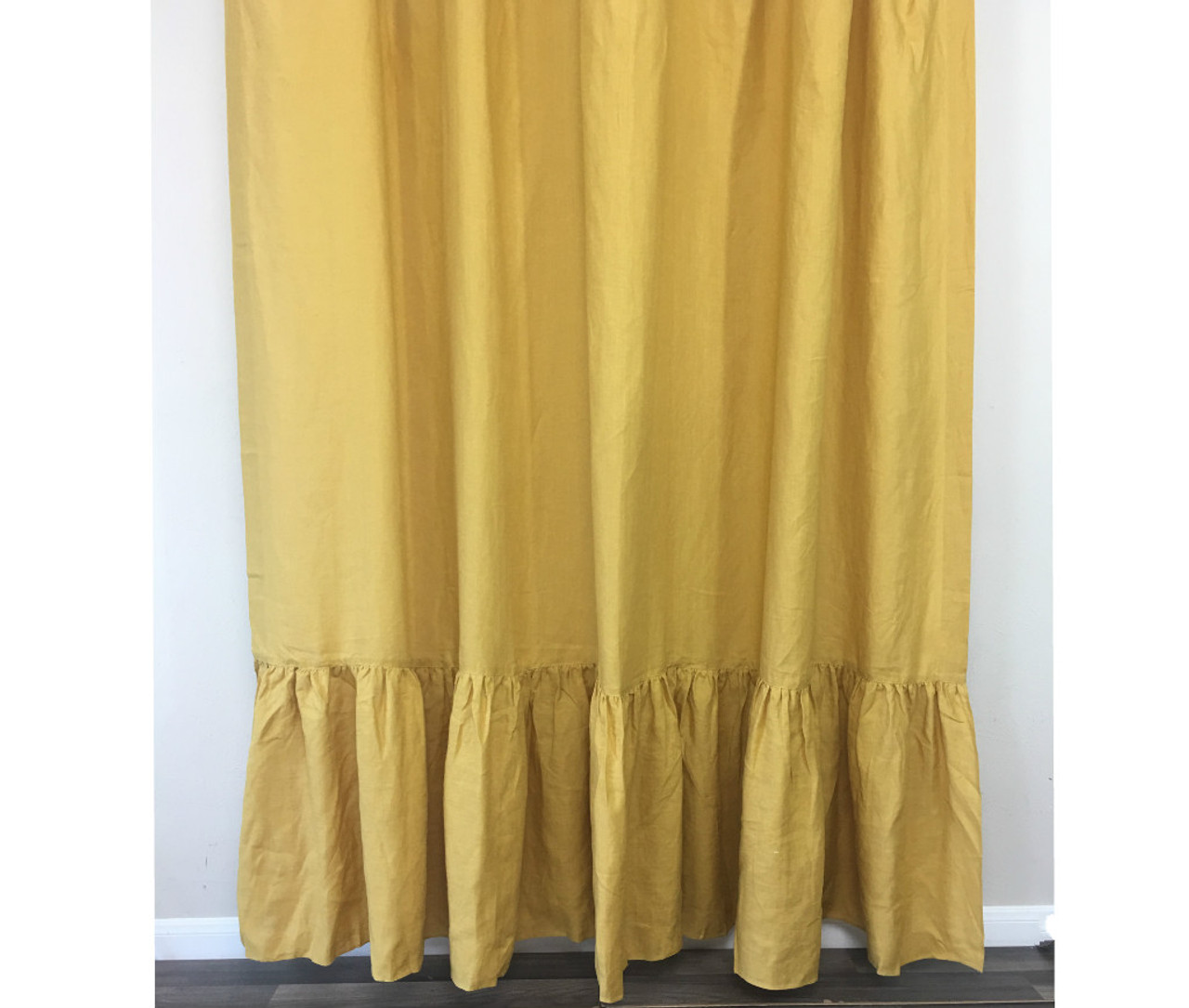 Mustard gold linen shower curtain with mermaid long ruffles