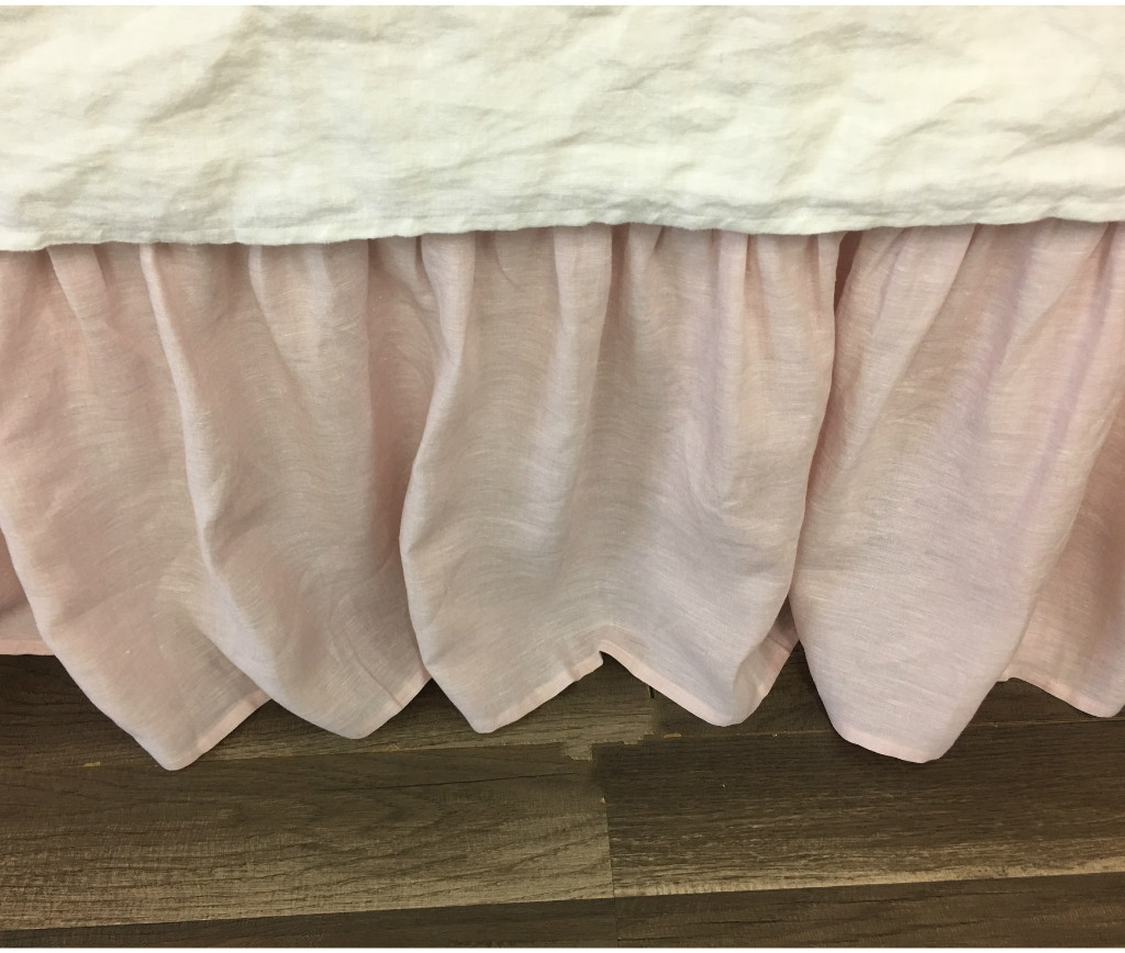 Blush Pink Linen Bed Skirt with Gathered Ruffle