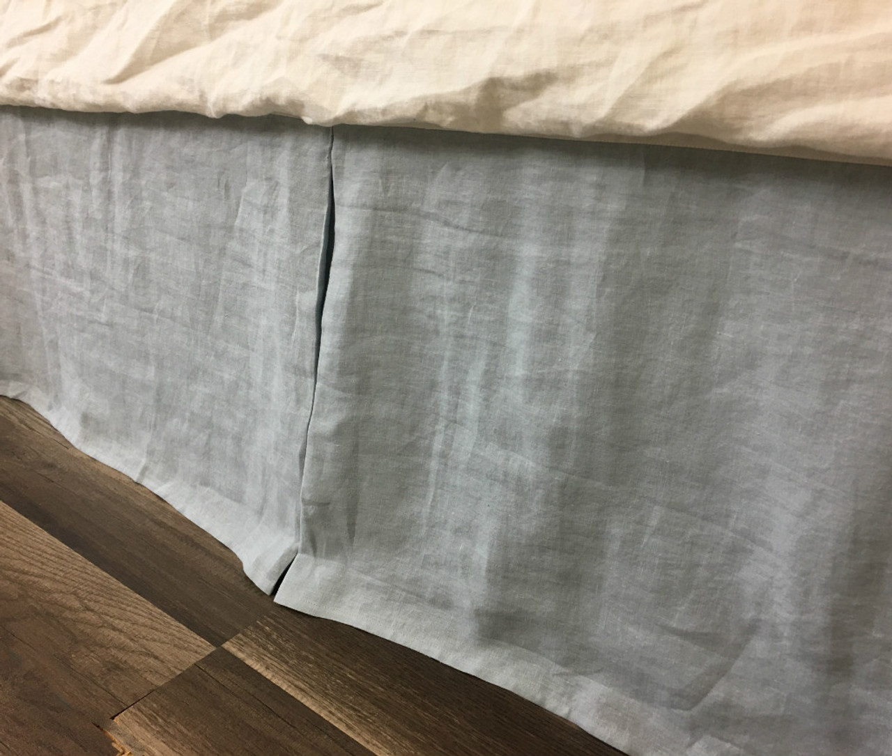 Duck Egg Blue Linen Bed Skirt with Tailored Pleats